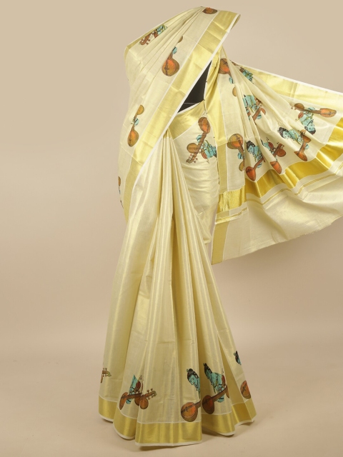 

Pothys Gold-Toned & Orange Ethnic Motifs Kerala Cotton Zari Saree