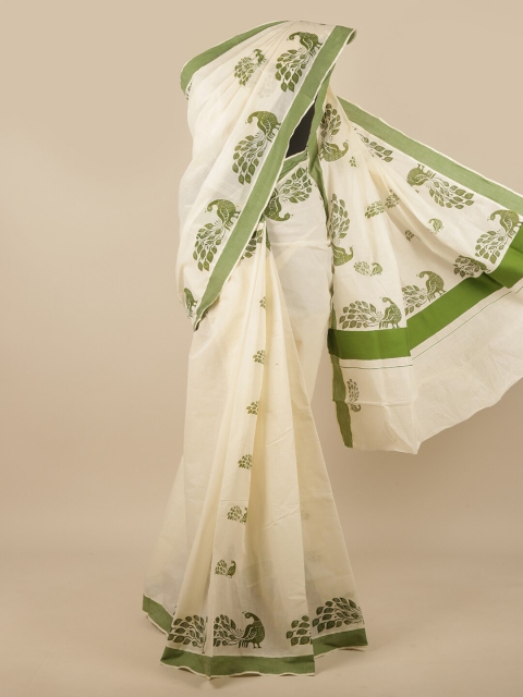 

Pothys Off White & Green Ethnic Motifs Printed Cotton Blend Saree