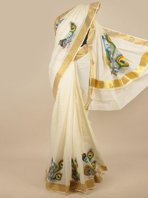 

Pothys Off White & Blue Ethnic Motifs Zari Saree