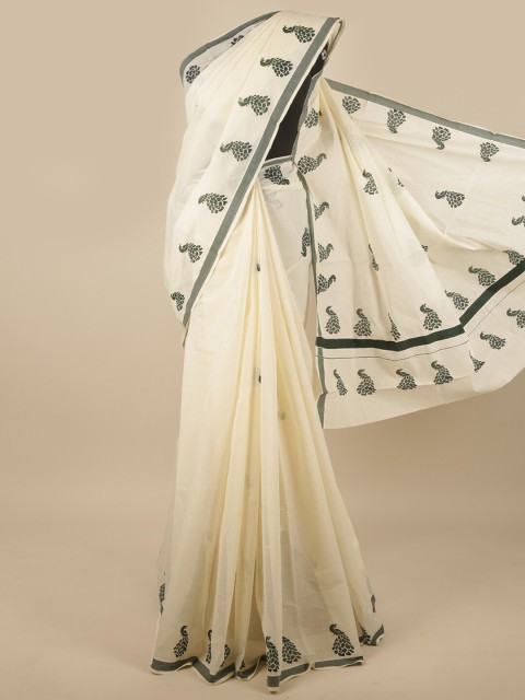 

Pothys Off White & Black Ethnic Motifs Kasavu Saree