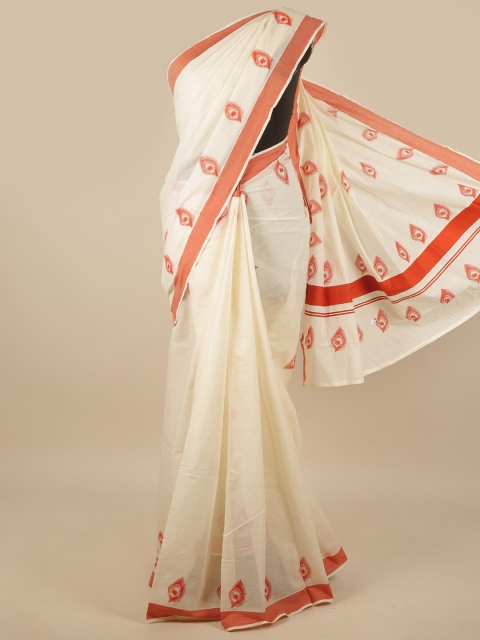 

Pothys Off White & Orange Ethnic Motifs Kasavu Saree