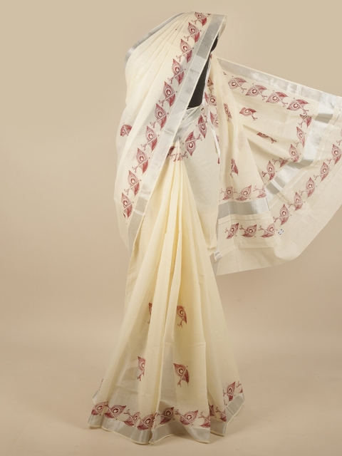 

Pothys Off-White & Brown Ethnic Motifs Zari Kerala Kasavu Saree