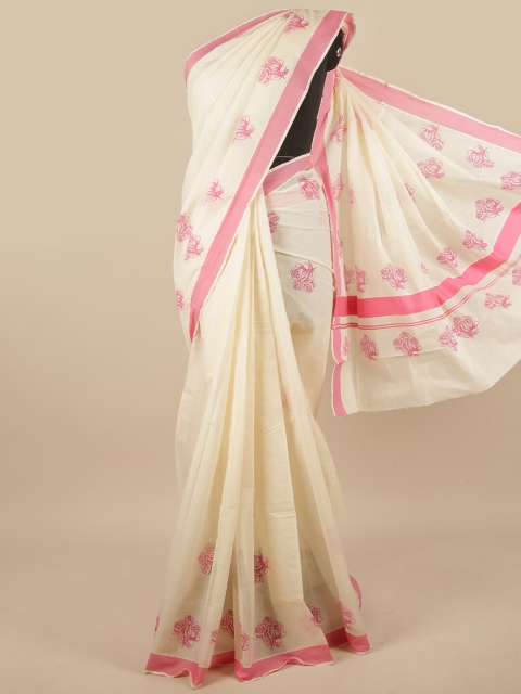 

Pothys Off White & Pink Ethnic Motifs Printed Cotton Blend Saree
