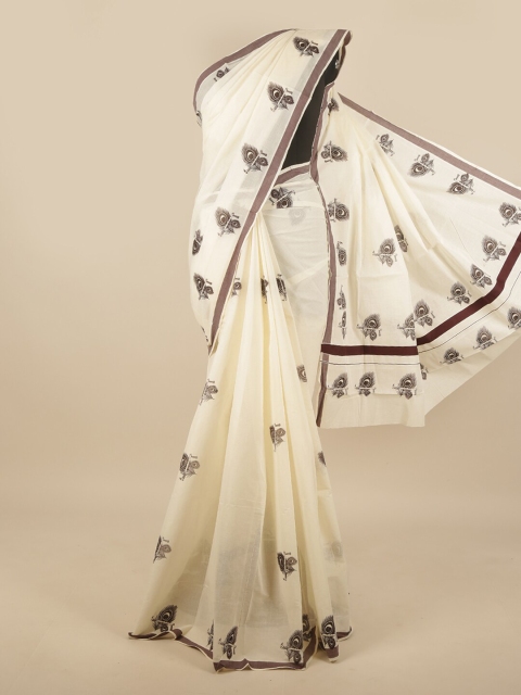 

Pothys Off White & Coffee Brown Ethnic Motifs Kerala Cotton Saree