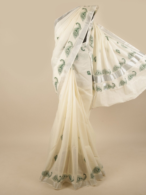 

Pothys Off White & Green Ethnic Motifs Zari Saree