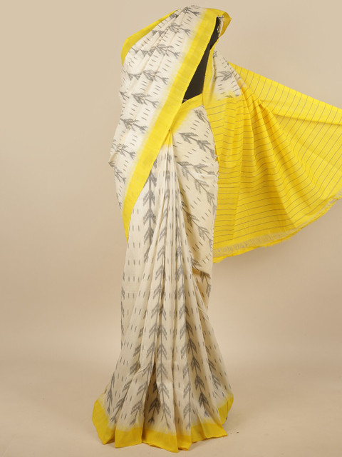 

Pothys Cream-Coloured & Yellow Geometric Printed Cotton Blend Saree