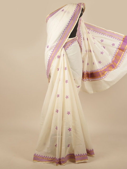 

Pothys Off White & Purple Floral Kerala Cotton Zari Saree