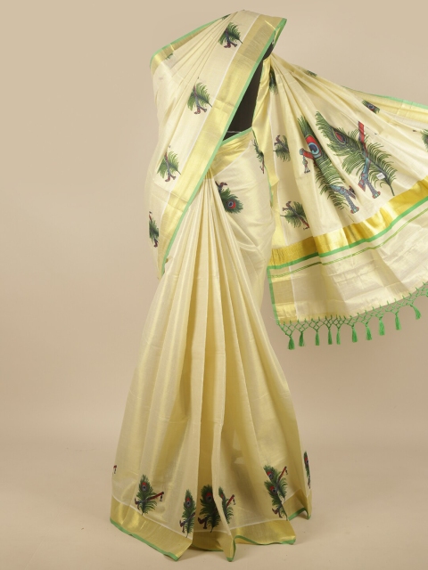 

Pothys Gold-Toned & Green Ethnic Motifs Zari Saree
