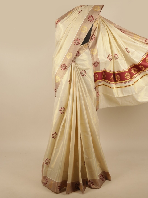 

Pothys Cream-Coloured & Maroon Ethnic Motifs Printed Cotton Blend Saree