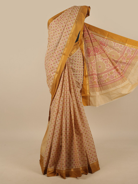 

Pothys Mustard Yellow & Pink Zari Pure Cotton Saree