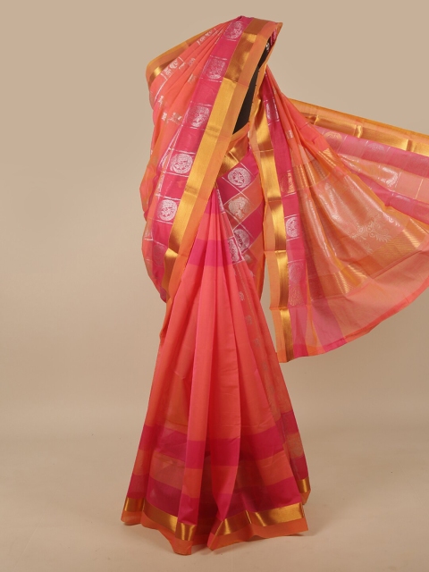 

Pothys Coral & Silver-Toned Ethnic Motifs Zari Silk Cotton Saree