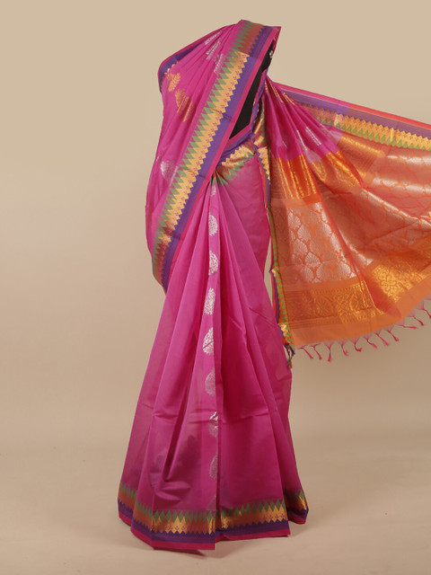 

Pothys Magenta & Orange Woven Design Zari Silk Cotton Saree