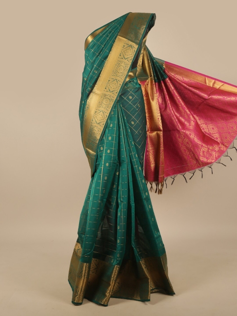 

Pothys Teal & Gold-Toned Woven Design Zari Border Silk Cotton Saree