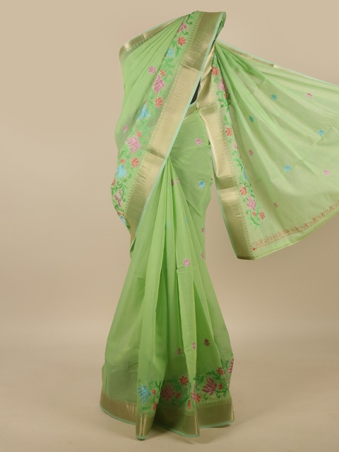 

Pothys Green Embroidered Chandhari Cotton Blend Saree