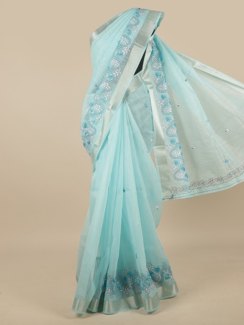 

Pothys Blue Embroidered Chandhari Cotton Blend Saree