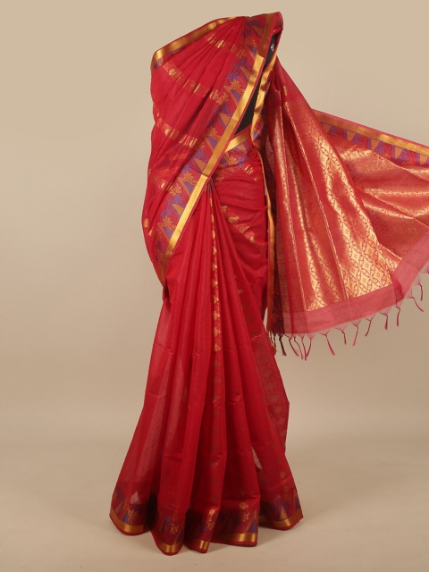 

Pothys Red & Violet Zari Silk Cotton Saree