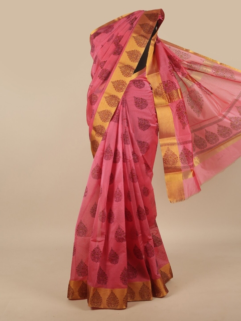 

Pothys Pink & Gold-Toned Floral Printed Zari Silk Cotton Saree