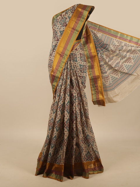 

Pothys Tan & Blue Ethnic Motifs Zari Pure Cotton Saree