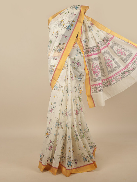 

Pothys Cream-Coloured & Blue Floral Pure Cotton Saree