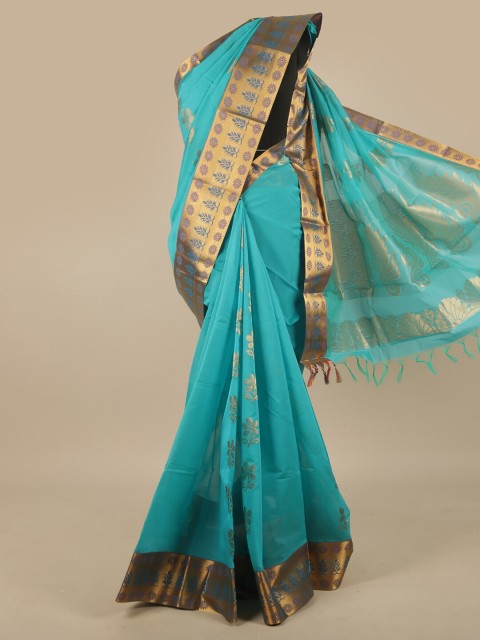 

Pothys Turquoise Blue & Gold-Toned Ethnic Motifs Zari Silk Cotton Saree