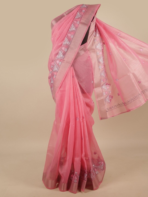 

Pothys Pink & Silver-Toned Floral Chandhari Cotton Zari Saree