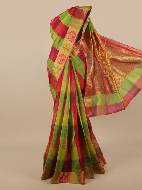 

Pothys Red & Green Checked Zari Silk Cotton Saree