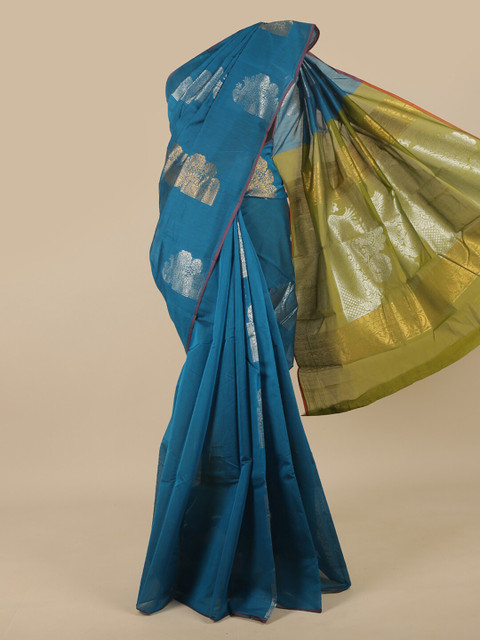 

Pothys Blue & Green Ethnic Motifs Zari Silk Cotton Saree