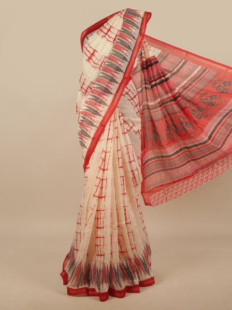 

Pothys Cream-Coloured & Red Saree