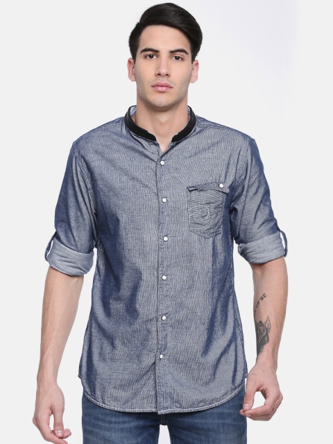 

SPYKAR Men Blue Self-Striped Casual Shirt