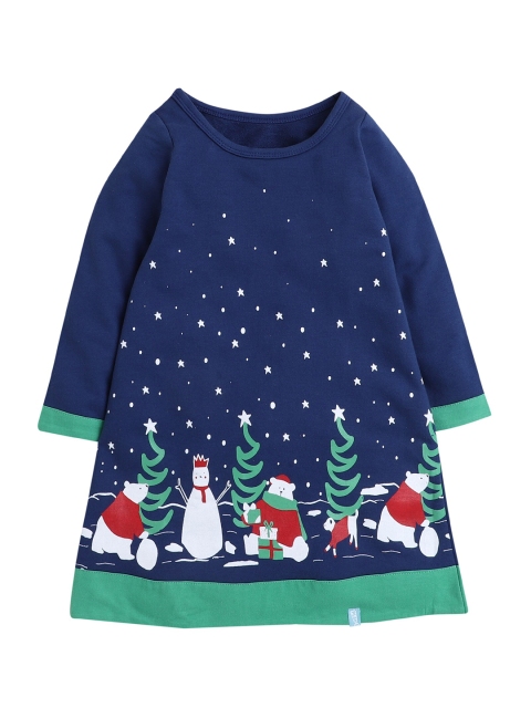 

Hopscotch Girls Blue & Green Christmas Graphic Printed Pure Cotton A-Line Dress