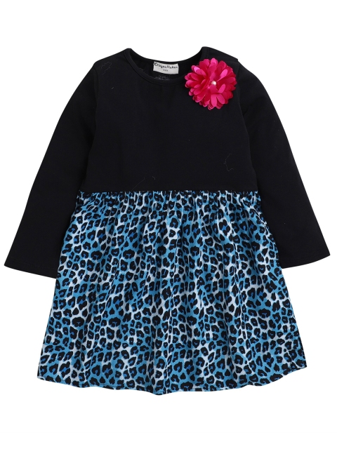 

Hopscotch Girls Black & Blue Leopard Printed Pure CottonFit & Flare Dress