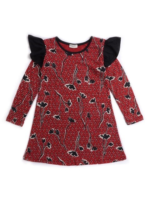 

Hopscotch Red & Black Floral Printed Pure Cotton A-Line Dress