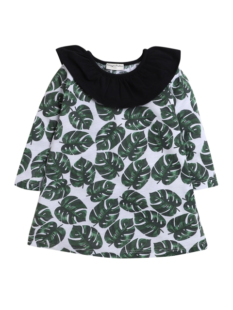 

Hopscotch Off White & Green Leaves Printed Pure Cotton A-Line Dress