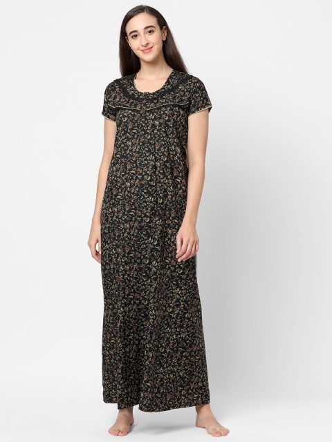 

Sweet Dreams Women Black & Beige Printed Maxi Nightdress