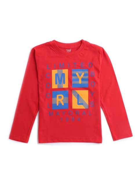 

Hopscotch Boys Cotton Red & Yellow Typography Printed T-shirt