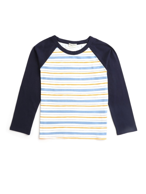 

Hopscotch Boys White & Black Striped Pure Cotton Henley Neck T-shirt