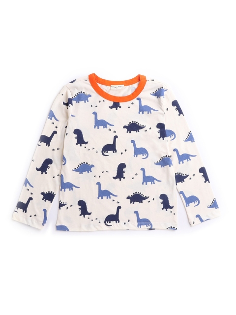 

Hopscotch Boys Off White & Navy Blue Dinosaur Printed Pure Cotton T-shirt