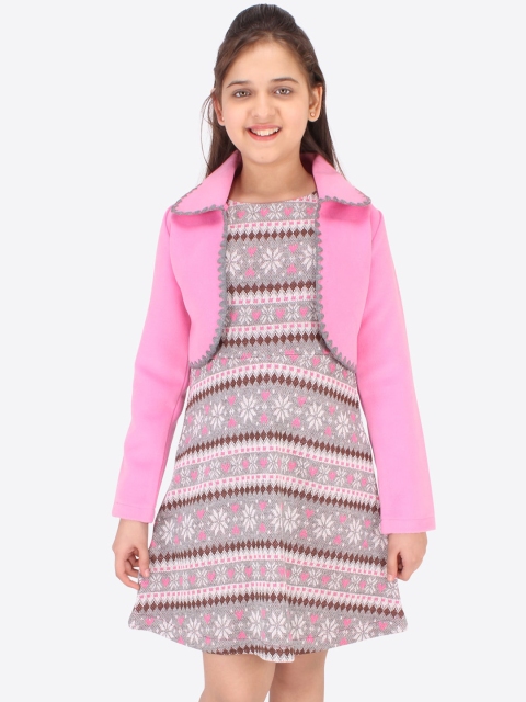 

CUTECUMBER Girls Pink & Grey Acrylic Winter A-Line Dress with Shrug