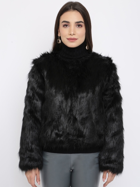 

iki chic Women Black Faux Fur Shaggy Jacket