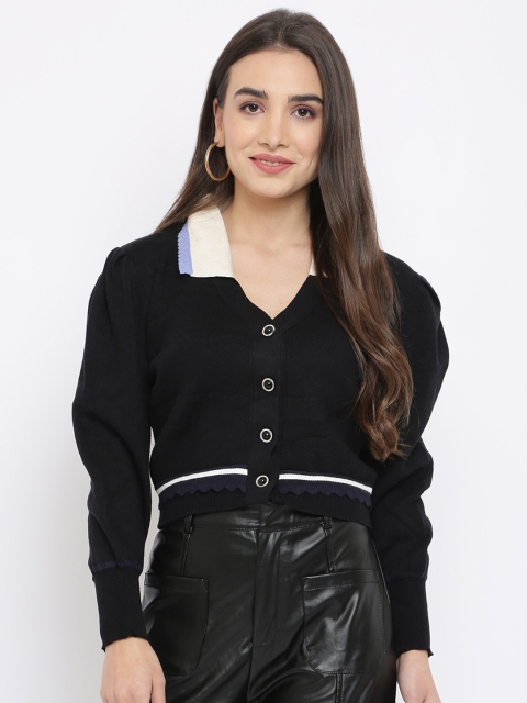 

iki chic Women Black Cotton Wool Crop Cardigan