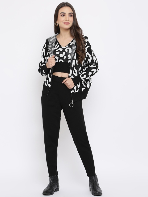 

iki chic Women Black & White Printed Woolen Top with Pyjamas & Hooded Jacket