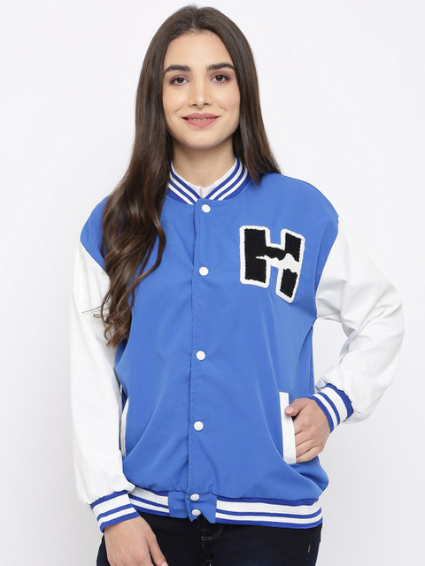 

iki chic Women Blue White Typography Lightweight Outdoor Felted Wool Varsity Jacket