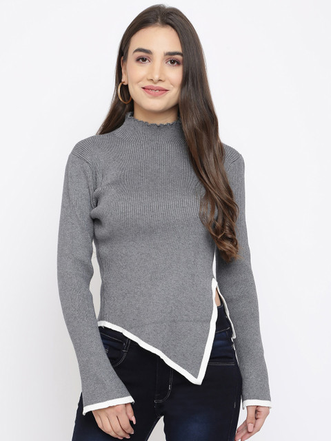 

iki chic Women Grey & White Colorblocked Assymentric Pullover