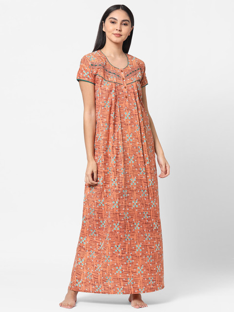 

Sweet Dreams Women Rust Coloured Printed Maxi Nightdress