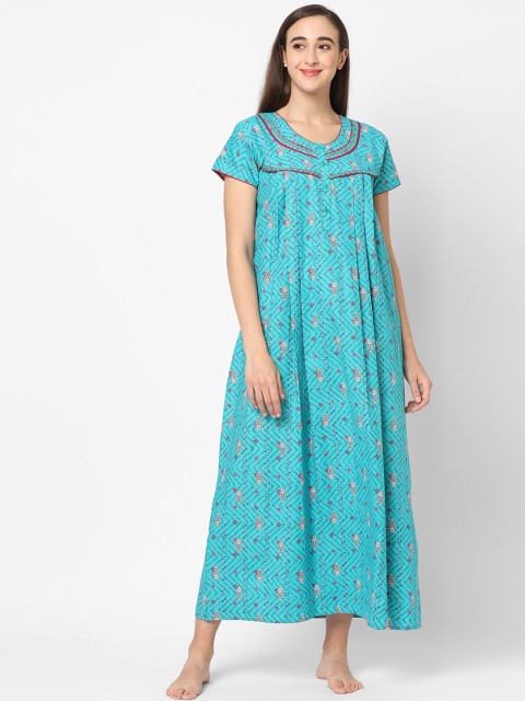 

Sweet Dreams Blue Ethnic Motifs Printed Cotton Maxi Nightdress
