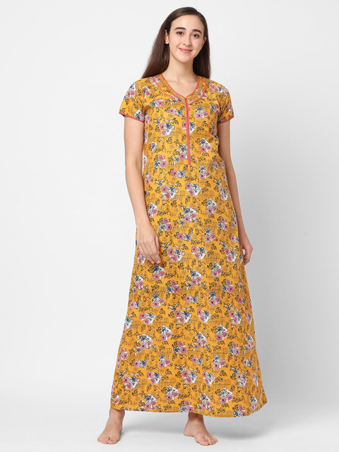 

Sweet Dreams Women Mustard Printed Maxi Nightdress