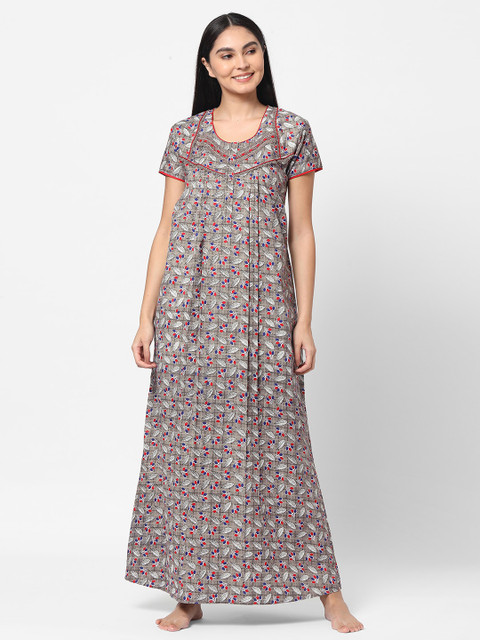 

Sweet Dreams Women Grey Floral Printed Maxi Nightdress