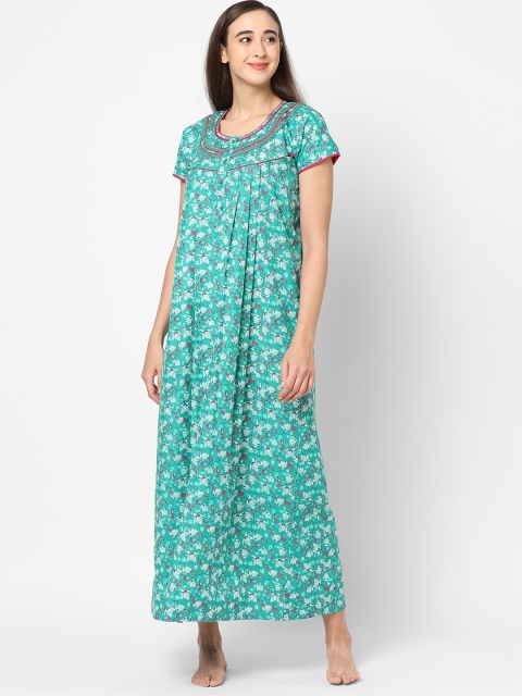 

Sweet Dreams Women Turquoise Blue Floral Printed Maxi Nightdress