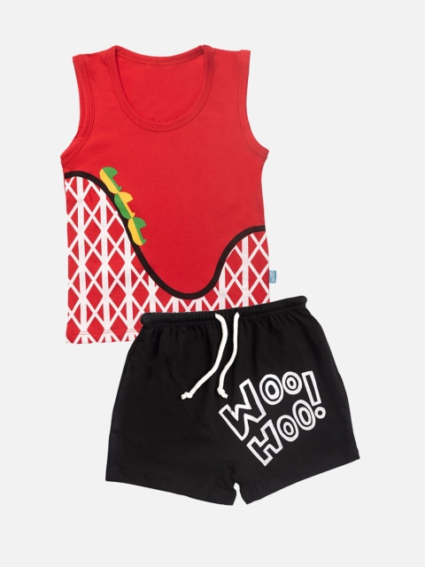 

You Got Plan B Boys Red & Black Printed Pure Cotton T-shirt with Shorts