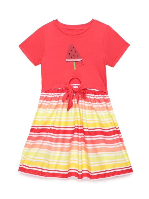 

UNDER FOURTEEN ONLY Girls Peach-Coloured Striped Fit & Flare Dress
